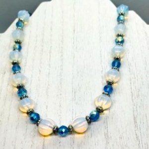 Blue iridescent beaded choker
